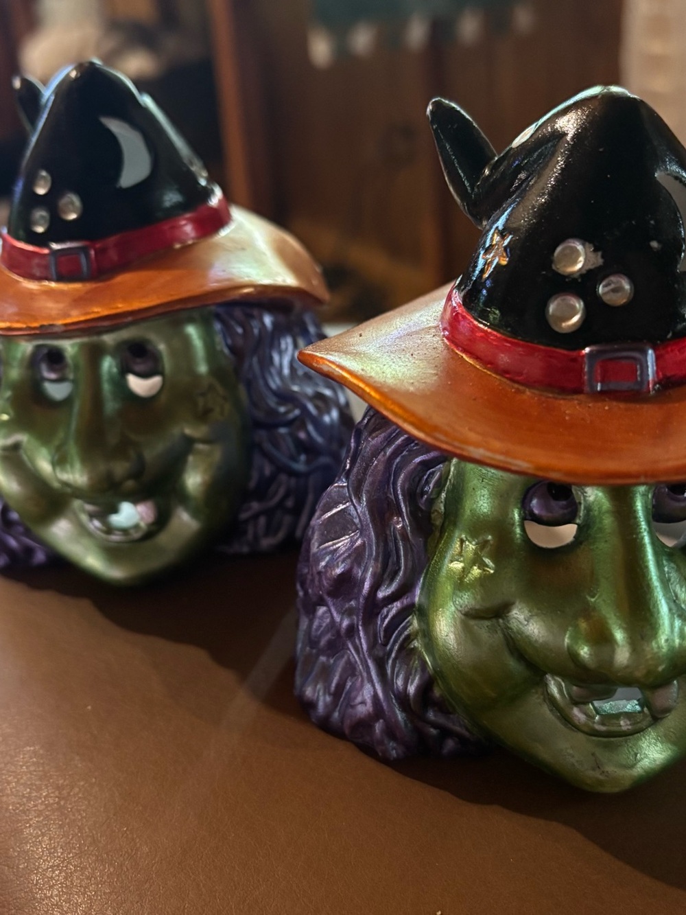 Green Witch Head Figurine Pair - Halloween Home Accent